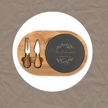 Load image into Gallery viewer, Custom Engraved Circular Wooden Acacia Plank And Slate Serving Tray Set With Fork And Cheese Knife