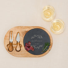 Load image into Gallery viewer, Custom Engraved Circular Wooden Acacia Plank And Slate Serving Tray Set With Fork And Cheese Knife
