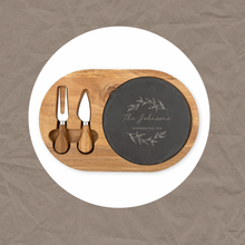 Load image into Gallery viewer, Custom Engraved Circular Wooden Acacia Plank And Slate Serving Tray Set With Fork And Cheese Knife
