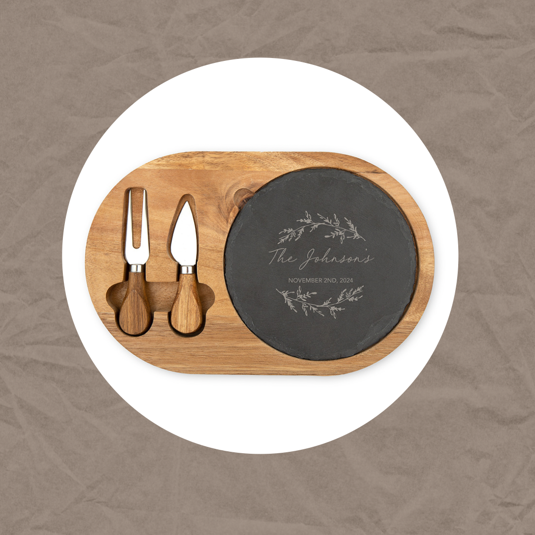 Custom Engraved Circular Wooden Acacia Plank And Slate Serving Tray Set With Fork And Cheese Knife